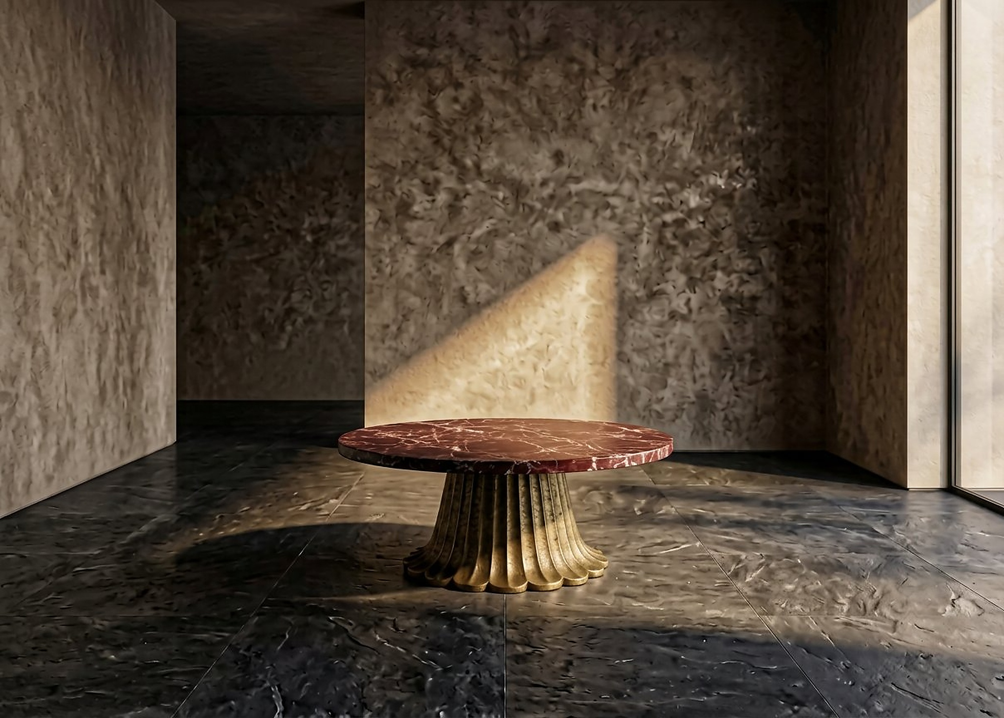 Fluted brass-base marble table
