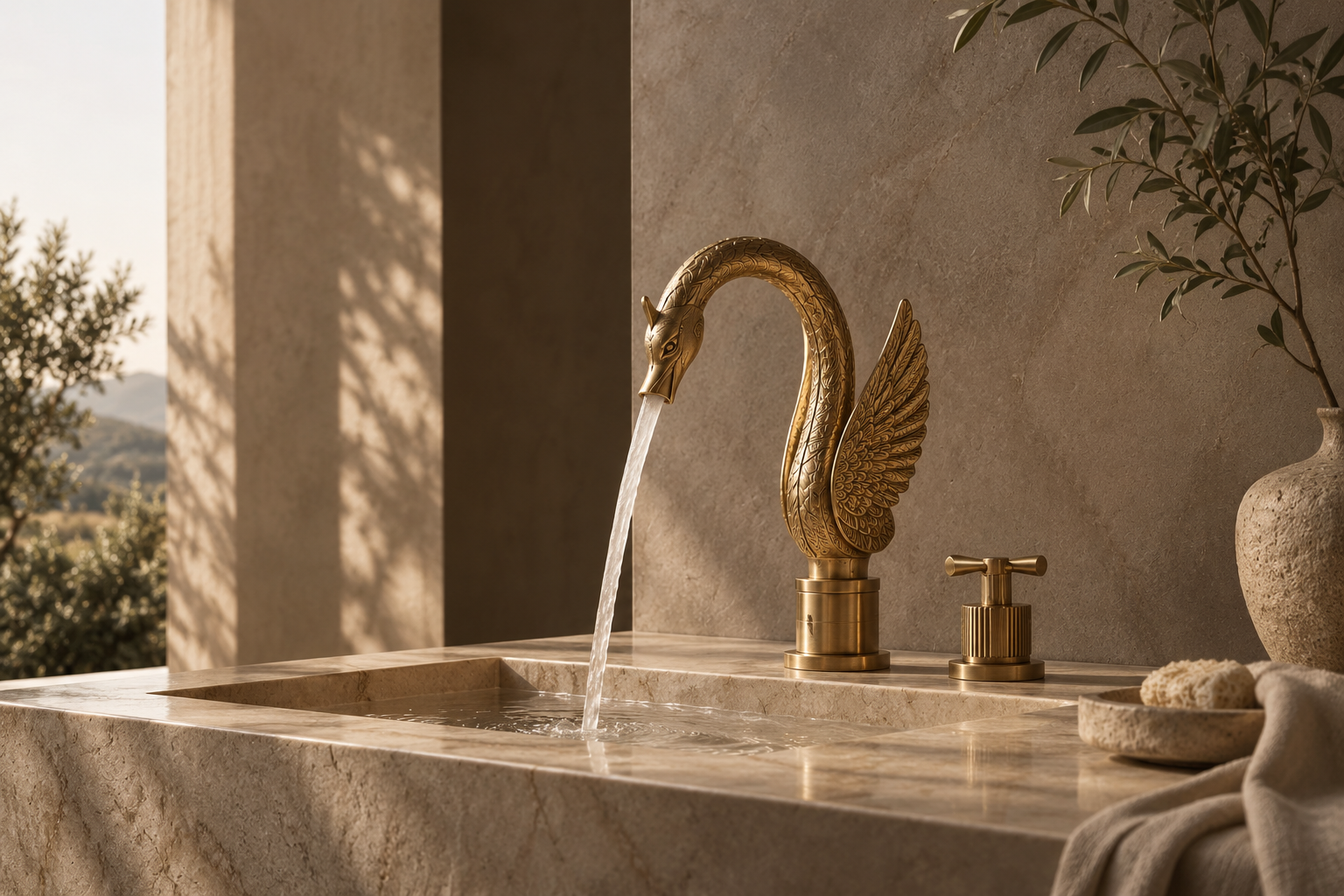 Swan brass faucet flowing into a stone basin