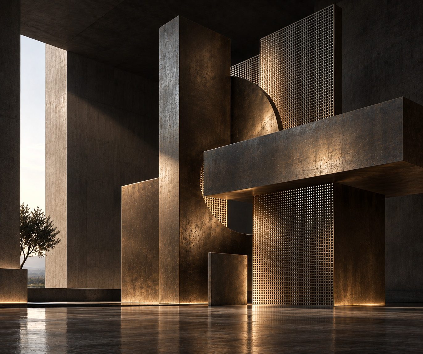 Sculptural architectural interior in bronze and shadow