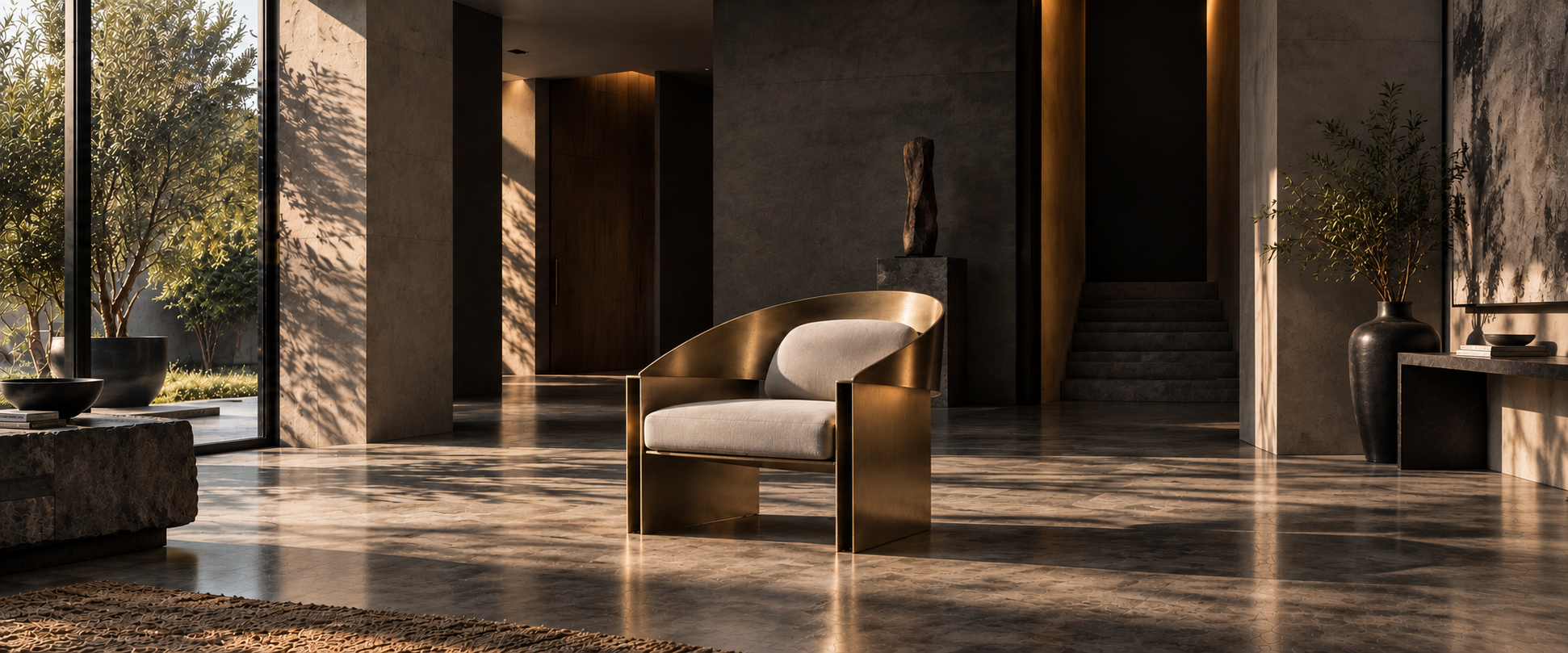 Sculptural brass lounge chair in stone interior